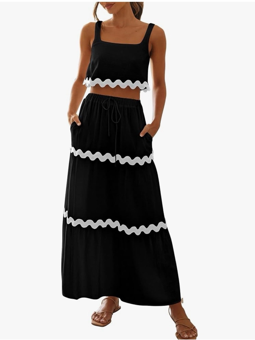 Matching set Black Maxi Skirt and top with White Trim